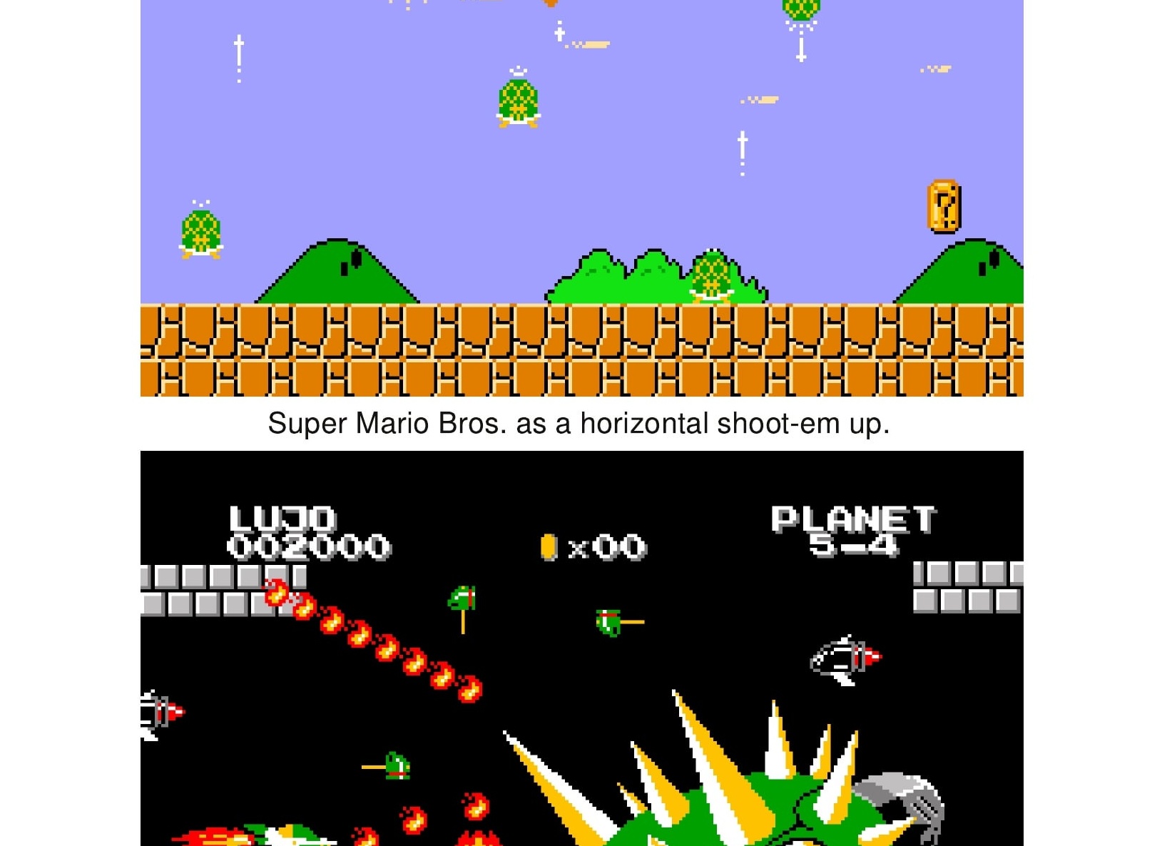 Super Mario Bros.</p>
<p>как шутер от первого лица